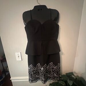 Strapless, Peplum Black & White Cotton Embroidered Botanical Dress